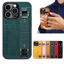 Wide Wrist Strap Crocodile Leather Cases For iPhone 14 Plus 13 12 Pro Max Wristband Stand Holder Card Slot Cover