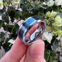 Wedding Rings 8mm Tungsten Carbide Ring For Men Wemen Beveled Edges Blue Dragon Black Carbon-Fiber Inlay Comfort Fit