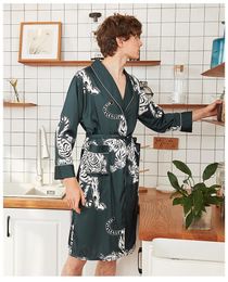 Men's Sleepwear Pajamas Print Animals Men Rayon Satin Robe Casual Kimono Gown Yukata Bathrobe Nightwear Home Wear