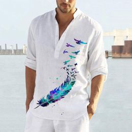 Men's Casual Shirts Men Autumn Winter Cotton And Linen Long Sleeves Single Breasted Printed Stand Collar Top Soft Tee Tees