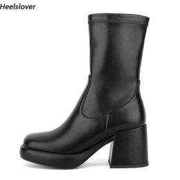 Heelslover New Fashion Women Winter Mid Calf Boots Block Heels Square Toe Elegant Black Club Shoes Ladies US Size 5-13