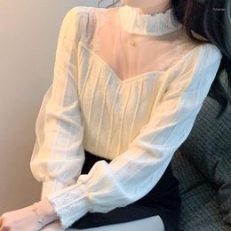 Women's Blouses Autumn Winter Sexy Blouse Women Lace Mesh Patchwork Shirts Long Sleeve Bottoming French Style Chic Ladies Tops Elegant Blusa