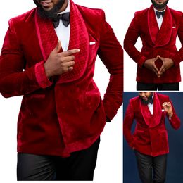 Red Velvet Men Wedding Tuxedos One Piece Shawl Lapel Birthday Party Man Outfits Wedding Sets Double Breasted