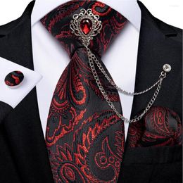 Bow Ties Fashion Red Paisley 8cm Men's Silk Tie Business Wedding Party Necktie Handkerchief Brooch Cufflinks Set Gift DiBanGu