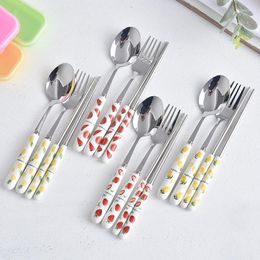 Dinnerware Sets 3Pcs Travel Cutlery Set Portable Box Japan Ceramic Handle Spoon Fork Student Kitchen Chopsticks Tableware