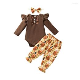 Clothing Sets 3Pcs Toddler Thanksgiving Outfits Long Sleeves Romper Cartoon Turkey Pants Hairband For Baby Girls Brown