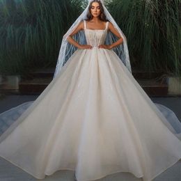 Elegant Lace Dubai Ball Gown Wedding Dress Illusion Spaghetti Straps Sequined Saudi Arabic Sweep Train Bridal Gowns