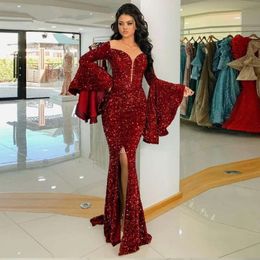 Shiny Sequin Burgundy Mermaid Evening Dresses Long 2023 Scoop Neck Flare Sleeves Arabic Prom Gown Formal Party Dress