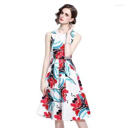 Casual Dresses 2022 Summer Women Hepburn Elegant Vintage Bright Flower Floral Print Midi Dress Sleeveless OL Office Lady Work Wear