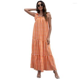 Casual Dresses Plaid Relaxed Fit Ruffle Elastic Square Neck Checked Tiered Skirt Adjustable Tie Up Straps Gingham Maxi Dress Summer