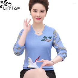 Women's T Shirts UHYTGF Spring T-shirt Women Knitted Embroidered Elegant Thin Shirt Diamond Pullover Loose 4XL Big Size Tops Female 1330