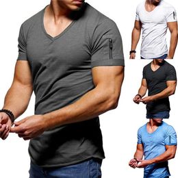 Men's T Shirts Summer Men's Shirt Fashion Solid Colour Zipper V Neck Without Hood Casual Short Sleeve