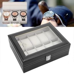 Portable PU Leather cases Flannel Lining Glass Cover Watch Bag 10 Slots Jewellery Display Case Storage Holders Box206Q