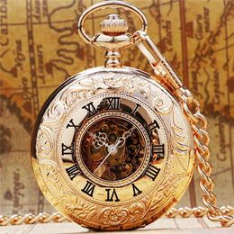 Classical Steampunk Rose Gold Colour Handwinding Mechanical Pocket Watch Unisex Roman Numerals Skeleton Clock Pendant Chain Reloj d2744