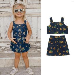 Clothing Sets 2022 Summer Children Kids Baby Girls Printed Suspender Vest Tops Denim Skirts 2Pcs Sunflower Outfits