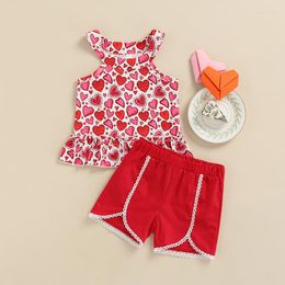 Clothing Sets 2022 Kid Girls Two Pieces Clothes Outfit Sleeveless Ruffle Pullover Heart Printed Tops Lace Trim Pants Baby's