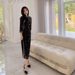 Ethnic Clothing Chinese Style Velvet Improved Cheongsam Three Quarter Sleeve Modern Black Young Summer Dress Printing Qipao