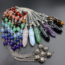 Natural Stone Pendulum Charms Wire Wrap Hexagonal Prism Pendant 7 Color Chain for Divination Crystal Jewelry Charm Amulet Healing Pendant