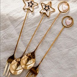 Dinnerware Sets Creative Stainless Steel Spoon Gold-plate Coffee Milk With Star Love Round Pendant Home Kitchen Canteen Dinner