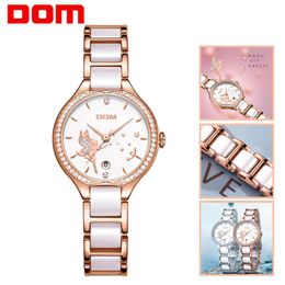 DOM Women Watches Fashion Ceramics Watchband Diamond Wrist Watch Top Luxury Brand Dress Ladies Geneva Quartz Clock G-1271G-7M2295p