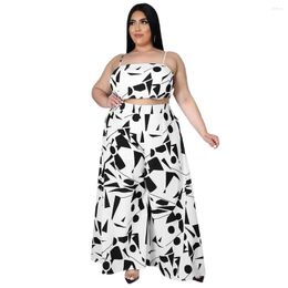 Tracksuits Woman Plus Size Printing Zipper Suspender Wide Leg Pants Two Piece Suit 2022 Female Sling Short Tops Oversize Loose Trouse Set