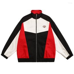 Men's Jackets 2022 Men Hip Hop Streetwear Patchwork Retro Vingate Jacket Coat Zipper Up Windbreaker Harajuku Sports Red Blue