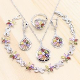 Necklace Earrings Set Multicolor Semi-precious Stones For Women Flower Shape Wedding Ring Pendant Chain Bracelet Sets