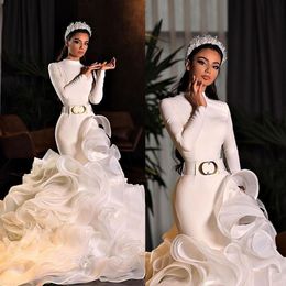 Wedding Dress Mermaid Simple High Neck Tiered Ruffles Trumpet Bridal Gowns Long Sleeves Bohemian Robe De Soiree