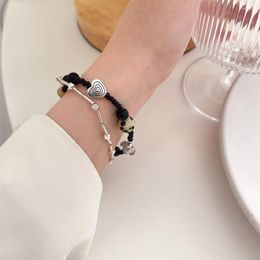 Charm Bracelets Black Beaded Double Layer Rice Beads Heart Bracelet For Women Trend Sweet Cool Vintage Casual Fashion Jewellery