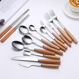 Dinnerware Sets Wooden Handle Stainless Steel Fork Japanese Table Knife Soup Spoon Fruit Chopsticks Home Portable Kitchen Tools