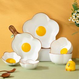 Plates Korean Irregular Ceramic Bowl Gold-plated Egg Plate Cute Tableware Cooking Dishes Salad Pasta Kitchen Utensils Porcelain