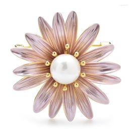 Brooches Wuli&baby Daisy Flower For Women Unisex Pearl Pink Enamel Party Office Brooch Pin Gifts