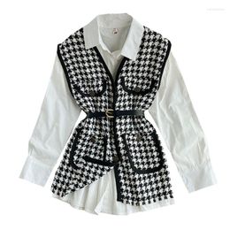 Women's Vests 2022 Brand Women Houndstooth Pocket White Long Sleeve Shirts 2 Piece Set Office Ladies Casual Loose Jackets Coat