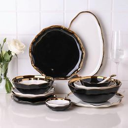 Plates Ceramic White/Black Tableware And Bowls Dinner Plate Dessert Dishes Salad Bowl With Gold Wave Rim Dinnerware For Home