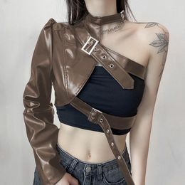 Women's Tanks Street Cropped Jacket Tank Tops Women Sexy PU Leather One Shoulder Long Sleeve Coat Short Leaky Belly Button Top Metal Buttons