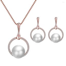 Necklace Earrings Set Women Faux Pearl Pendant Rhinestone Wedding Bridal Jewelry