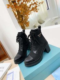 2023 Women Designer Brushed Leather And Nylon Ankle Boots Laced Up Woman Biker Platform Flat Australia Winter Heel Sneakers With Box