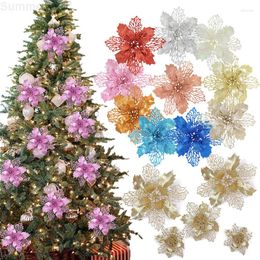 Decorative Flowers Christmas Glitter Poinsettia Artificial Xmas Tree Ornaments Plastic For Wreaths Garland Holiday Wedding Decor