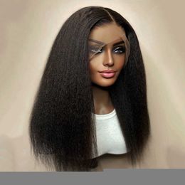 Hot Lace Wigs Kinky Straight Yaki Front Synthetic Hair for Women 200% Density t Part Black Heat Resistanf 221216