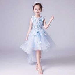 Girl Dresses Floral Print Elegant High-Low Empire Sleeveless O-Neck Tulle Kids Party Communion For Weddings A2249