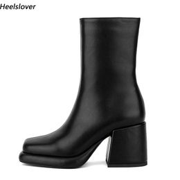 Heelslover New Fashion Women Winter Mid Calf Boots Block Heels Square Toe Elegant Black Banquet Shoes Ladies US Size 5-13