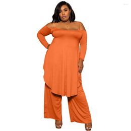 Tracksuits HAOOHU Plus Size Women Clothing Two Piece Sets Outfits Casual Slip Long Sleeve Crop Top And Wide Leg Pants Urban
