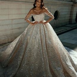 Elegant Sparkly Dubai Ball Gown Wedding Dress Illusion Off Shoulder Long Sleeve Sequined Saudi Arabic Bridal Gowns 0505