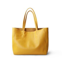 2021 Women Luxury Bag Casual Tote Female Lemon Yellow Fashion Shoulder Handbag Lady Cowhide Genuine Leather Shoulder Shopping Bag267N