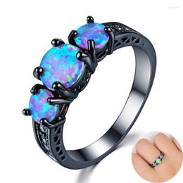 Wedding Rings Fashion Cut 3 Round Blue Fire Opal Black Gold Colour Ring Party For Female High Quality Vintage Jewellery