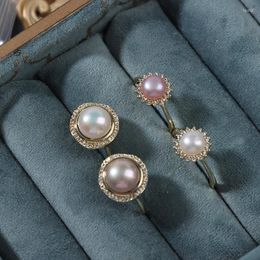 Wedding Rings 1pc Natural Freshwater Pearl For Women Gold Colour Flower Charm Purple White Finger Ring Adjustable Jewellery