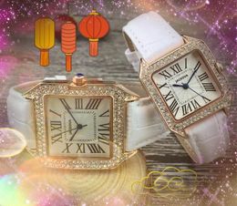 Popular Diamonds Ring Luxury Man Women Watches Relojes De Marca Mujer Lady Dress Square Roman Dial Three Pins Auto Date Genuine Leather Belt Wristwatch
