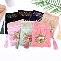 Jewellery Pouches 10pcs Velvet Hand Embroidery Flower Tassel Drawstring Bags 13x16cm Pink Valentine's Day Wedding Gift