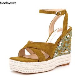 Heelslover New Fashion Women Summer Sandals Crystal Wedges Heels Square Toe Beautiful Brown Banquet Shoes Ladies US Size 5-13
