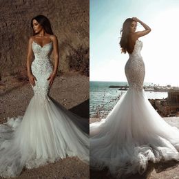 Elegant Mermaid Wedding Dresses Sweetheart High Waist Sleeveless Beaded Applicants Backless Net Court Gown Zipper Custom Made Plus Size Vestidos De Novia